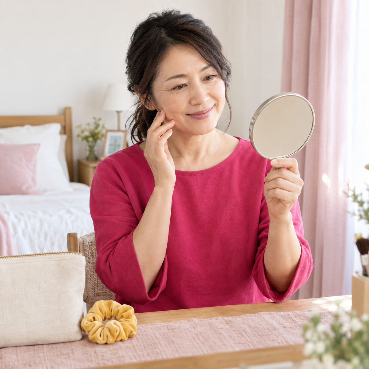 鏡を見ながら身支度をする女性のイメージ